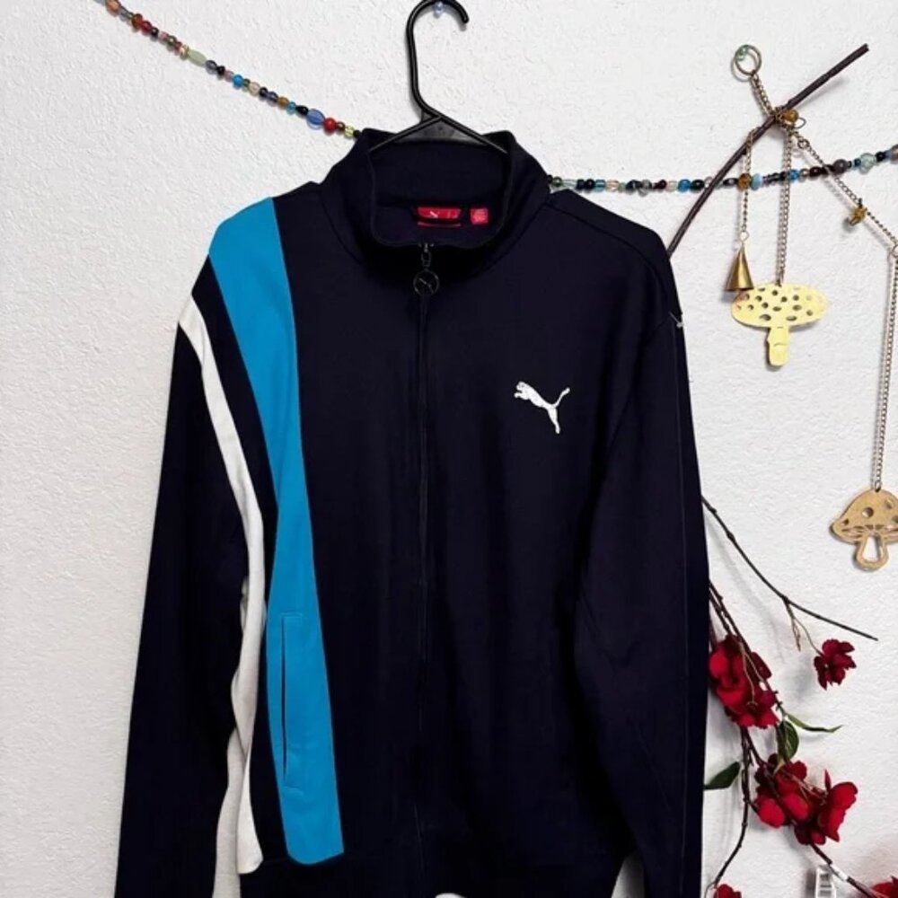 Puma Men's Track Jacket Size Large Navy Blue White Turquoise ZipUp Retro Y2K